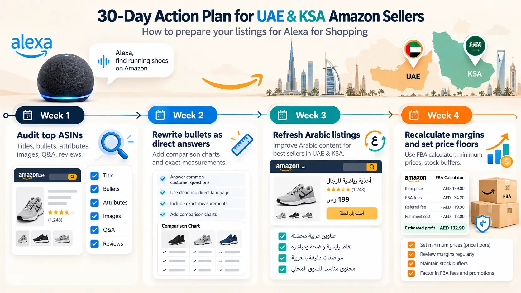 30 day Alexa for Shopping optimization action plan for UAE and KSA Amazon sellers