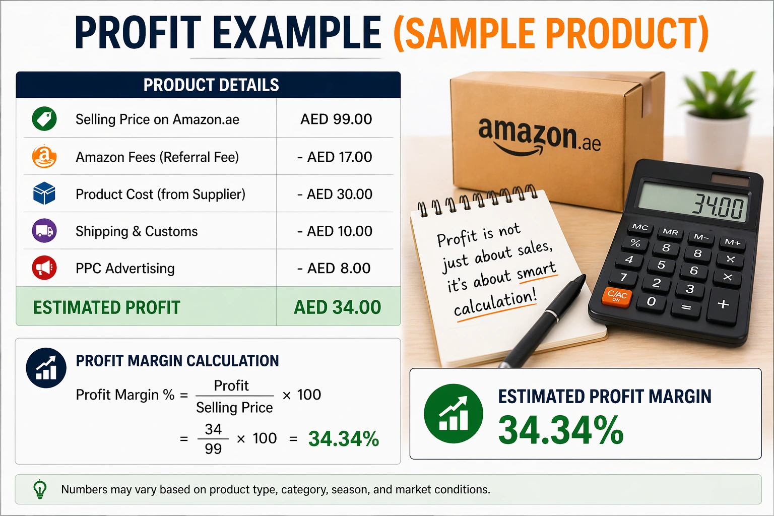 Amazon UAE profit example with selling price fees cost and margin